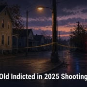 Fostoria News Flooded street at dusk with police tape after shooting incident in Toledo.